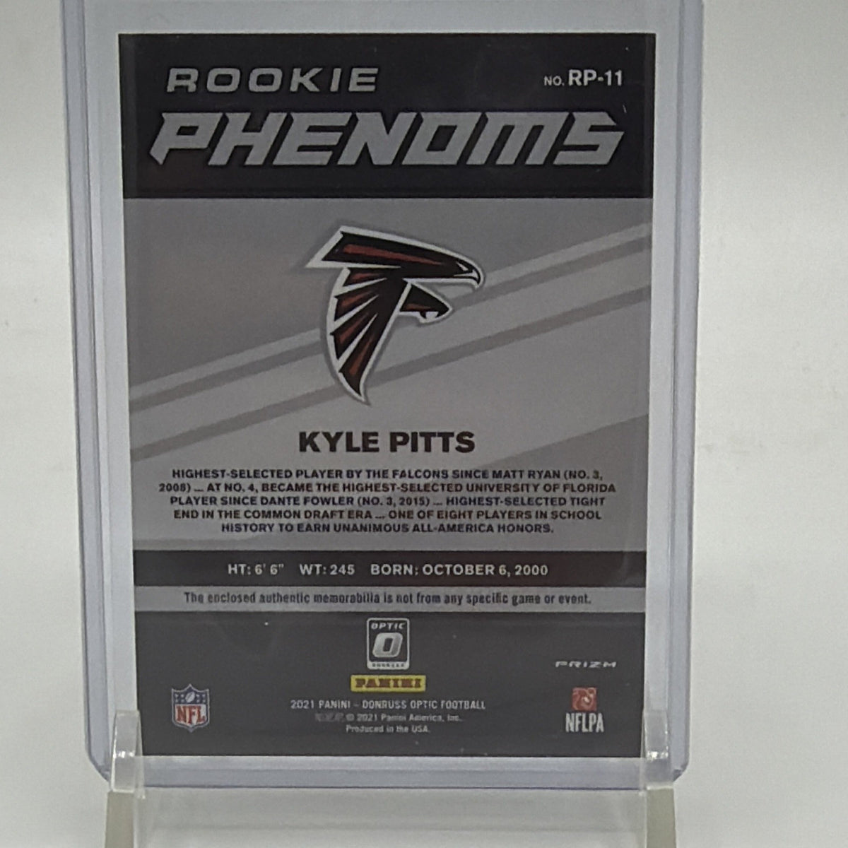 Panini 2021 Donruss Optic Rookie Phenoms Kyle Pitts #RP-11 (RC, MEM) Falcons
