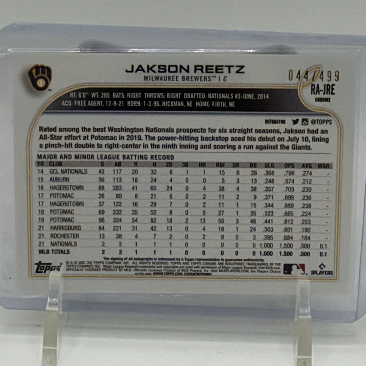 Topps 2022 Chrome Jakson Reetz RC Auto Refractor #044/499 RA-JRE Brewers