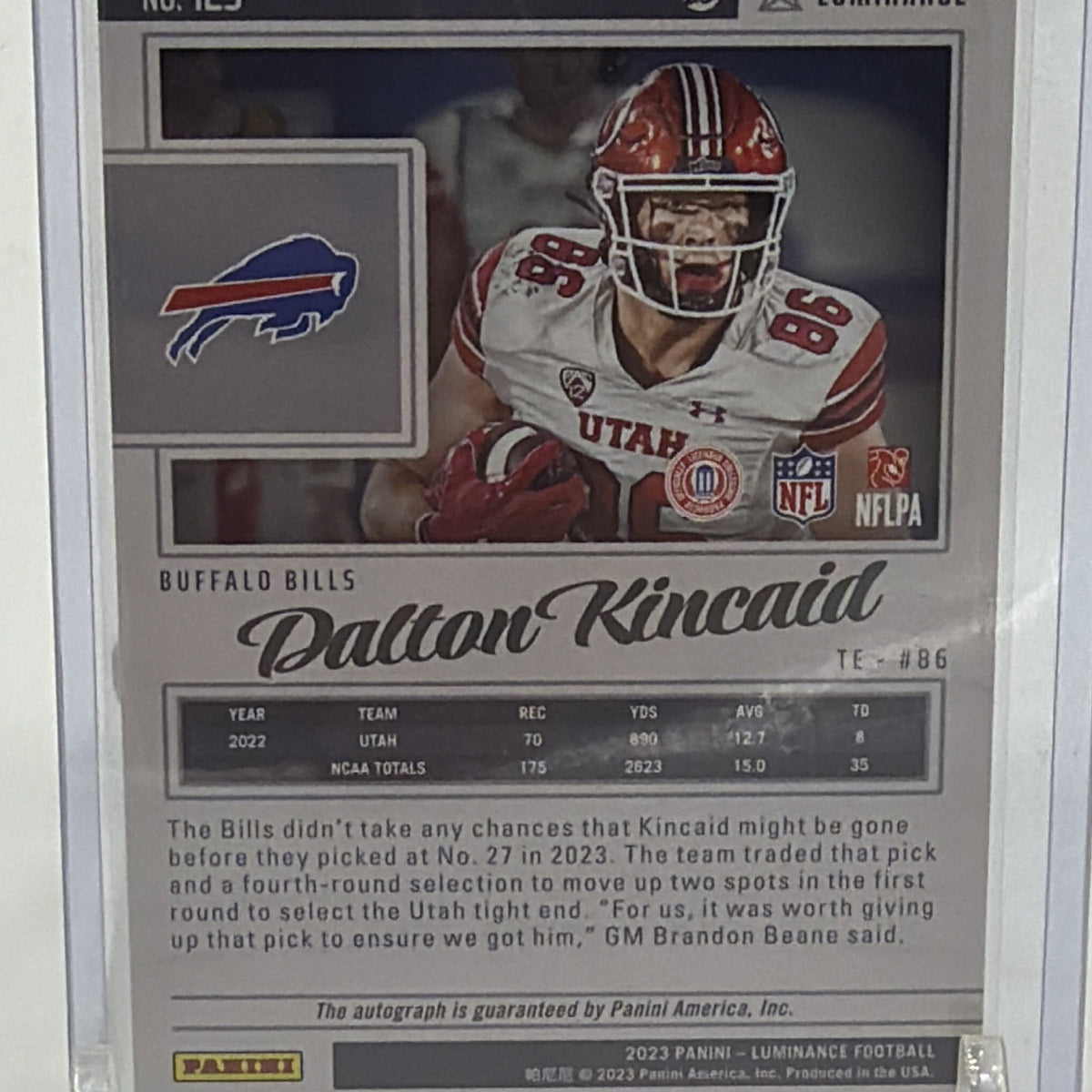 Panini 2023 Luminance Dalton Kincaid #123 RC Auto Autographs 305/350 Bills