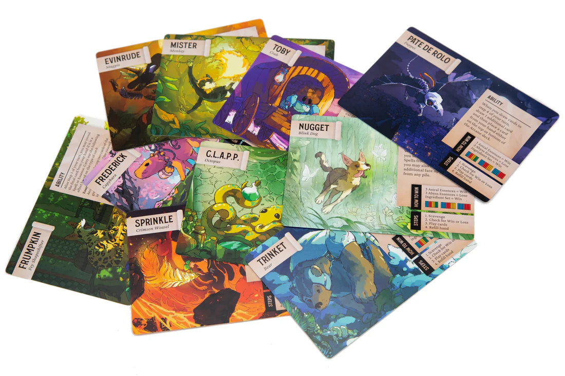 A Familiar Find fast-paced strategy card game set in Exandria featuring adorable familiars from Critical Role campaigns and magical ingredient collecting gameplay.  Beutiful, charming, adorable art.