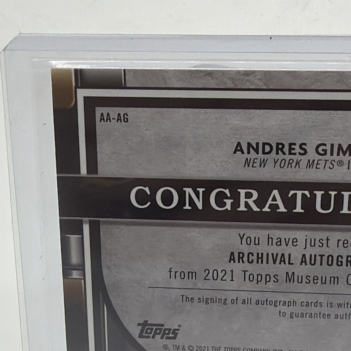 Close-up of the back of Andrés Giménez Archival Autograph #AA-AG identifying the 2021 Topps Museum Collection release