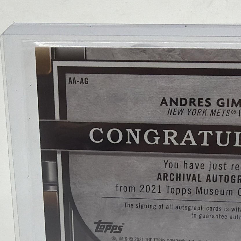 Close-up of the back of Andrés Giménez Archival Autograph #AA-AG identifying the 2021 Topps Museum Collection release