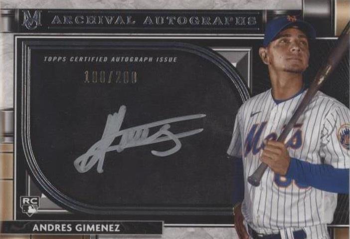 Close-up of Andrés Giménez blue-ink on-card autograph and two memorabilia swatches
