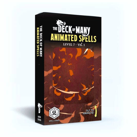 Animated Spells Level 7, Deck of Many Animated Spells Level 7, Hit Point Press spell cards, D&D 5e reference cards, 20 lenticular spell cards, Arcane Sword card, Etherealness card, Reverse Gravity card, Regenerate card, Spellcraft blank cards