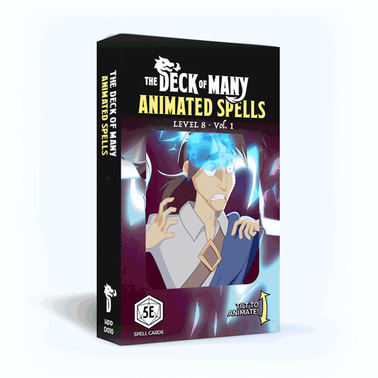 Animated Spells Level 8, Deck of Many Animated Spells Level 8, Hit Point Press spell cards, D&D 5e reference cards, 16 lenticular spell cards, Animal Shapes card, Power Word Stun reference, Clone card, Earthquake card, Sunburst card, Spellcraft blank cards