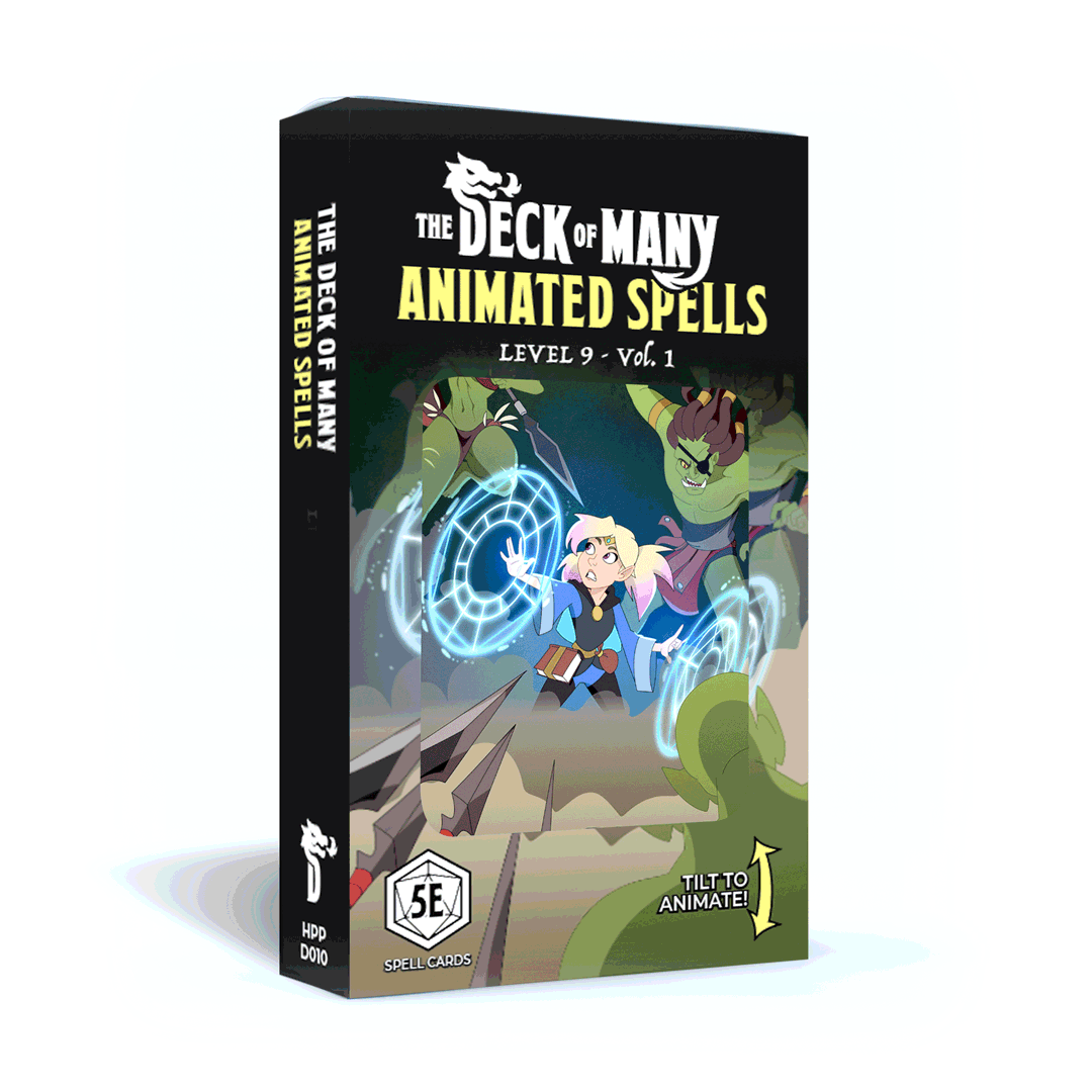 The Deck of Many Animated Spells Level 9 by Hit Point Press – 15 animated lenticular reference cards featuring iconic D&D 5e spells like Meteor Swarm, Wish, Astral Projection, True Resurrection, and more, plus 15 customizable Spellcraft blanks.