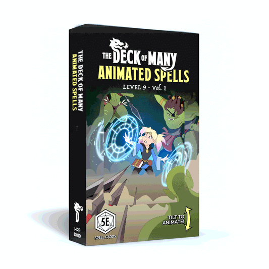 The Deck of Many Animated Spells Level 9 by Hit Point Press – 15 animated lenticular reference cards featuring iconic D&D 5e spells like Meteor Swarm, Wish, Astral Projection, True Resurrection, and more, plus 15 customizable Spellcraft blanks.