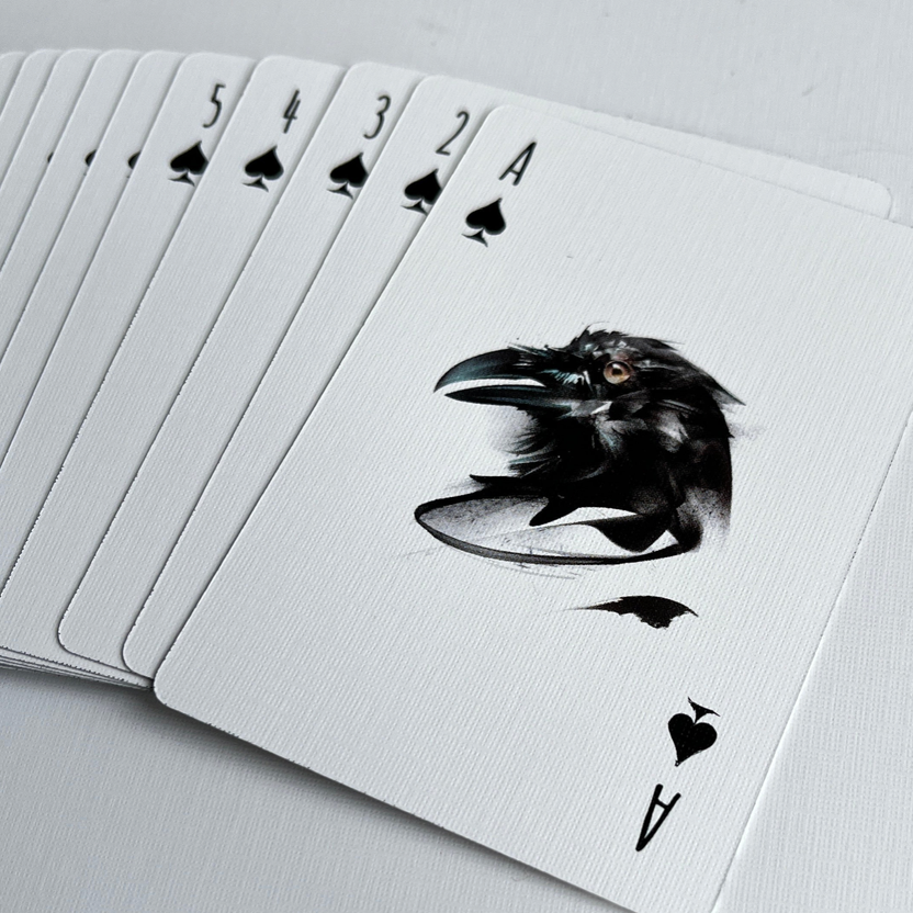Fan of Be Like A Crow playing cards featuring a detailed black crow illustration on the ace of spades