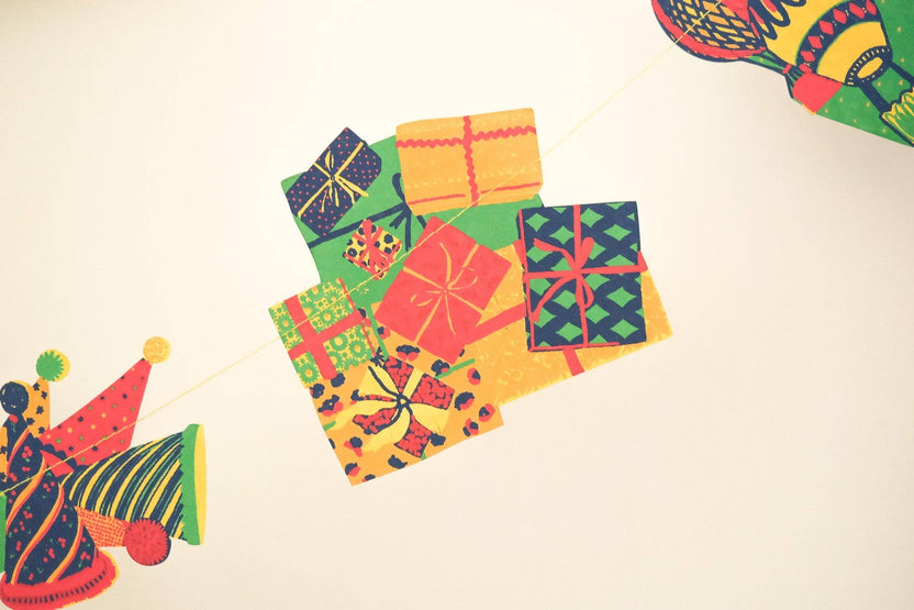 Hand screen printed presents from the East End Press sewn garland