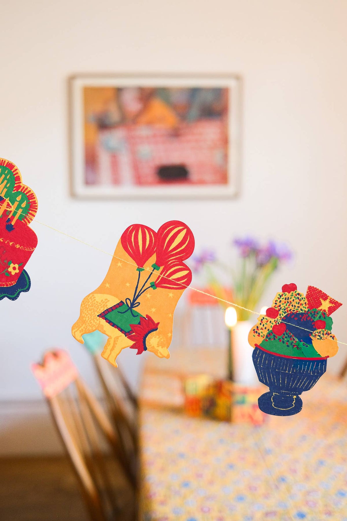 Hand screen printed birthday bear with balloons and ice cream sundae from the East End Press sewn garland