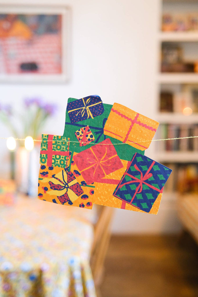 Hand screen printed birthday presents from the East End Press sewn garland