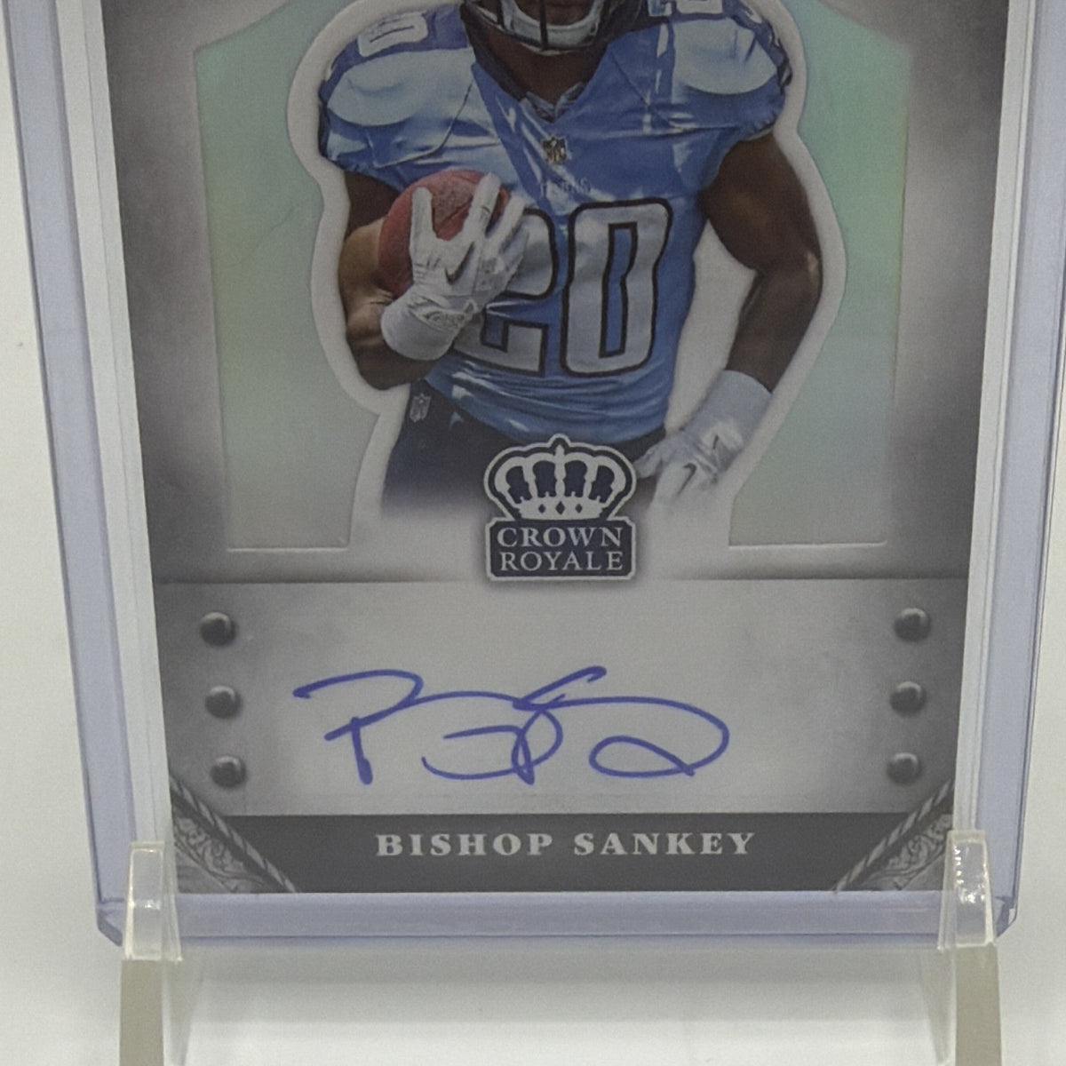 Detail of Bishop Sankey's blue autograph on Crown Royale Rookie Signatures #S-BS numbered 228/299
