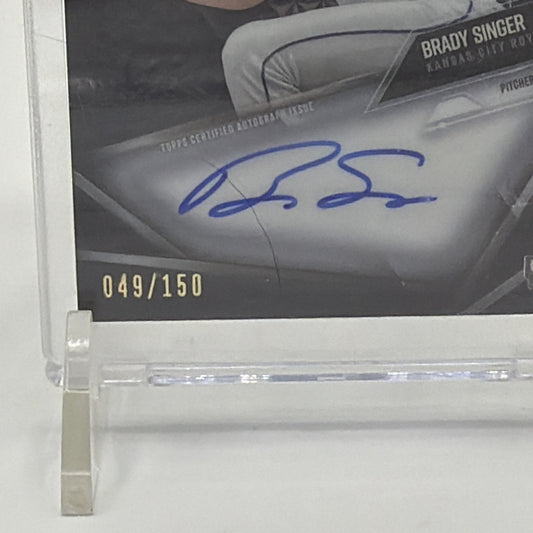 Close-up of Brady Singer's blue-ink on-card autograph on Refractor #CBA-BSI