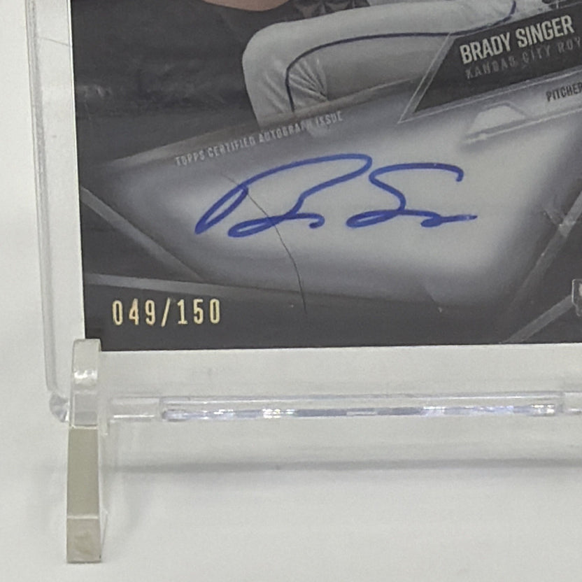 Close-up of Brady Singer's blue-ink on-card autograph on Refractor #CBA-BSI