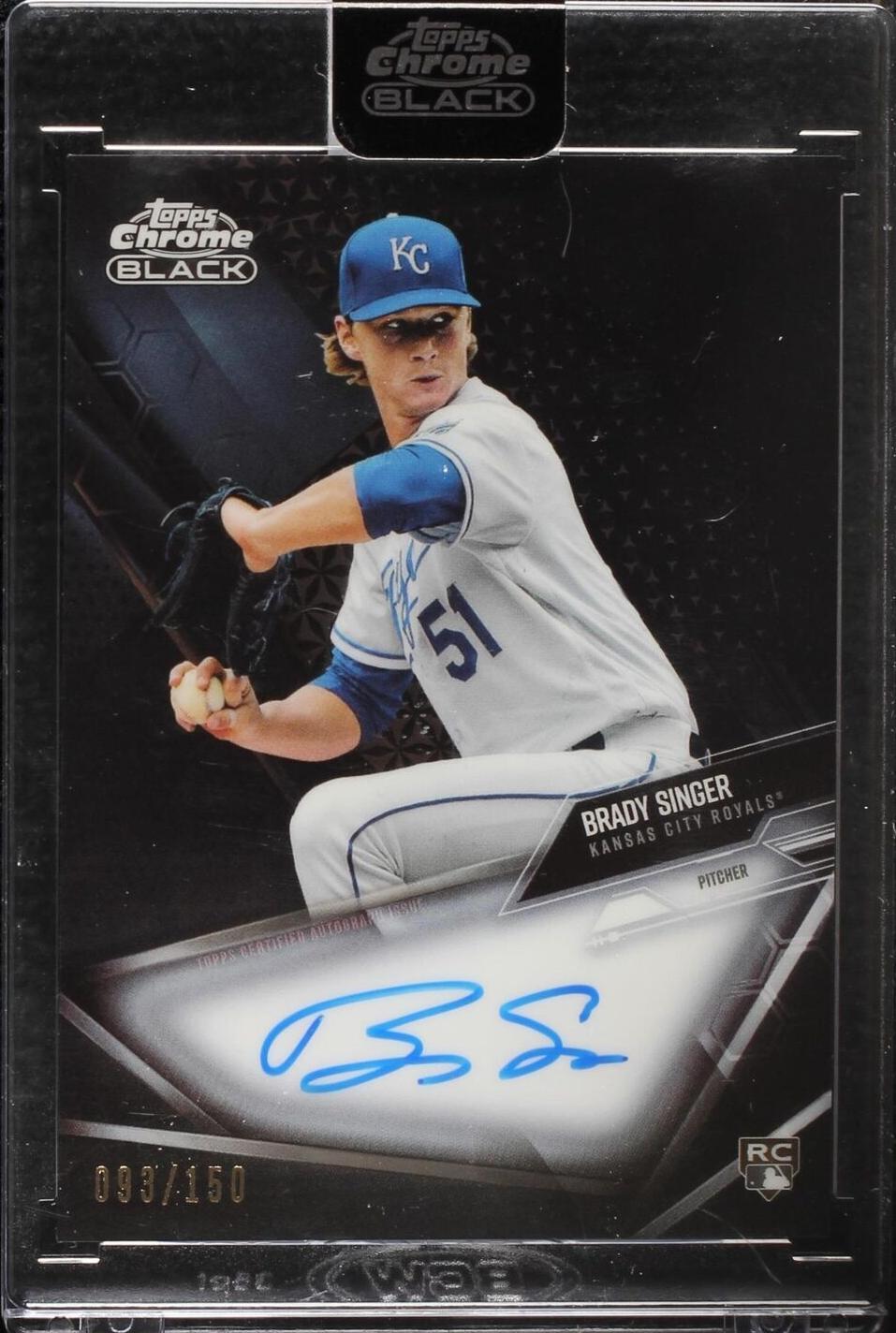 Detail view of Brady Singer 2021 Topps Chrome Black rookie autograph Refractor