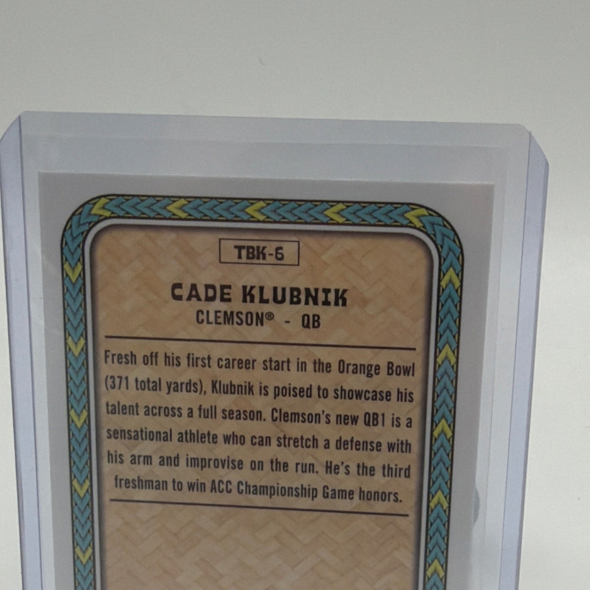 Close-up of the back of Cade Klubnik The Big Kahuna #TBK-6 Clemson card