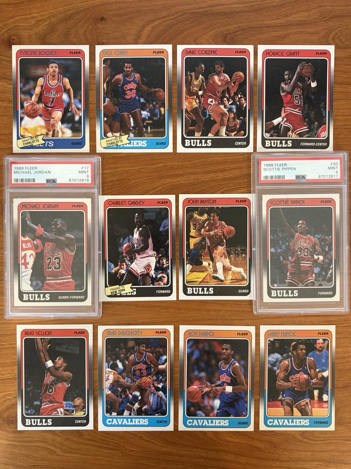 Chicago Bulls and Cleveland Cavaliers cards from the 1988 Fleer Basketball complete collection featuring Michael Jordan and Scottie Pippen.