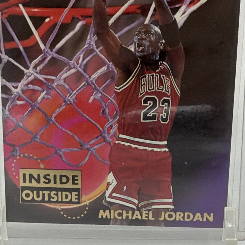 Detail of Michael Jordan, Chicago Bulls #23, and Inside/Outside insert logo