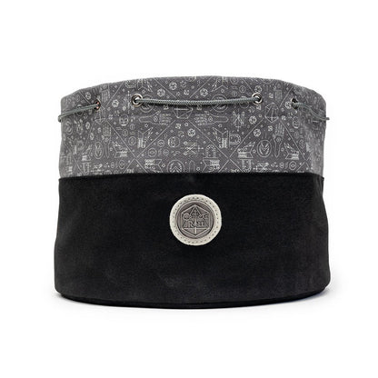 Large black and gray dice bag with a visible Critical Role logo and arcane symbols on a white background