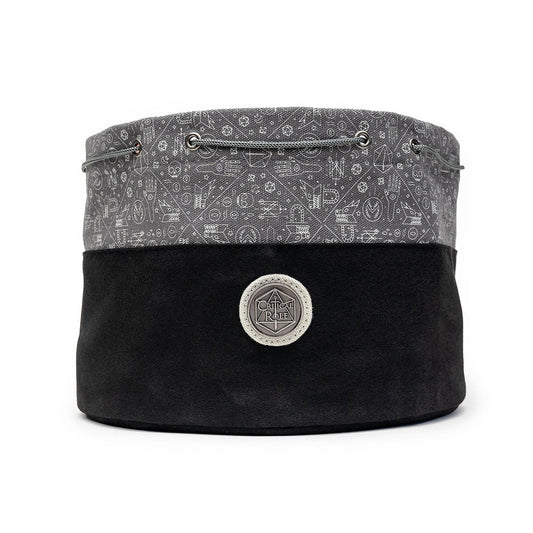 Large black and gray dice bag with a visible Critical Role logo and arcane symbols on a white background