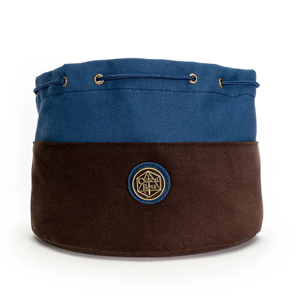 Blue and brown dice bag with the critical role logo on  front a white background
