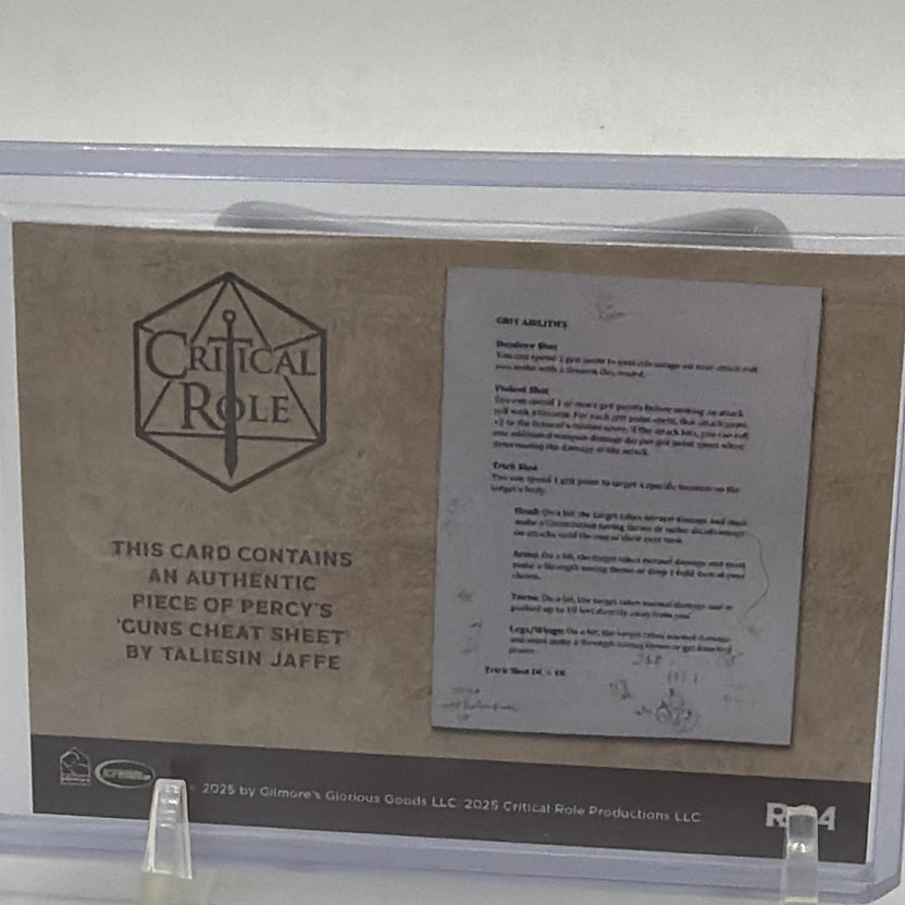 Reference view showing the original Percy’s guns cheat sheet page associated with the relic