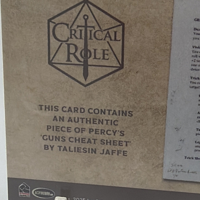Back of Critical Role 10th Anniversary RC4 authenticating a piece of Percy’s guns cheat sheet by Taliesin Jaffe