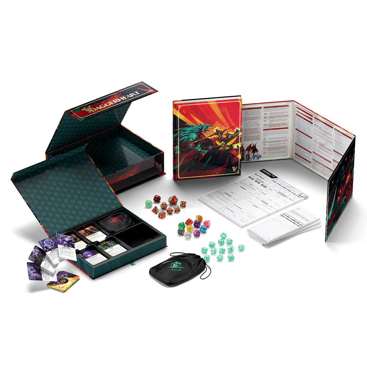 Daggerheart: Hope & Fear Deluxe Edition by Darrington Press displayed with the premium collector's box, hardcover rulebook, deluxe GM screen, resin dice, Hope and Fear tokens, cards, character sheets, and exclusive accessories.