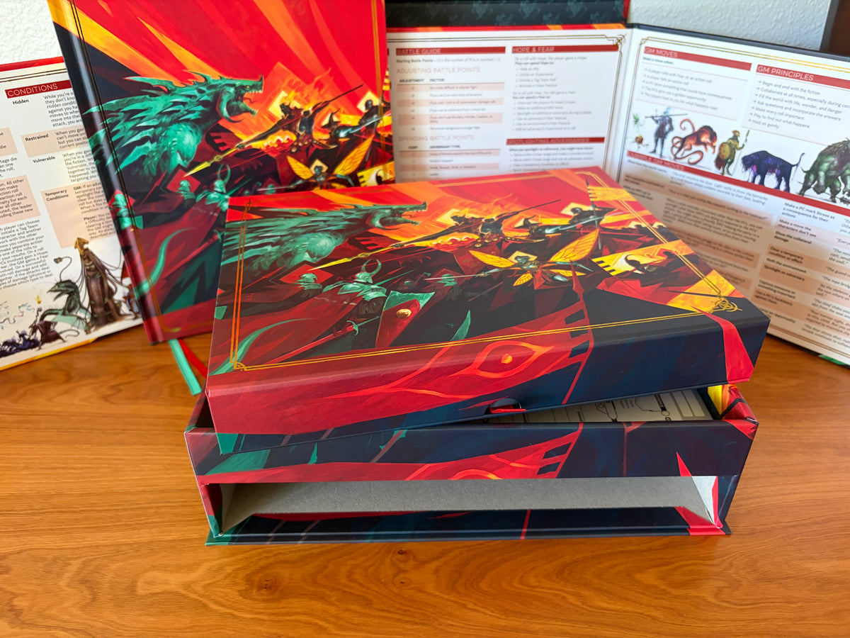 Multi-layer storage system inside the Daggerheart Hope & Fear Deluxe Edition collector's box.