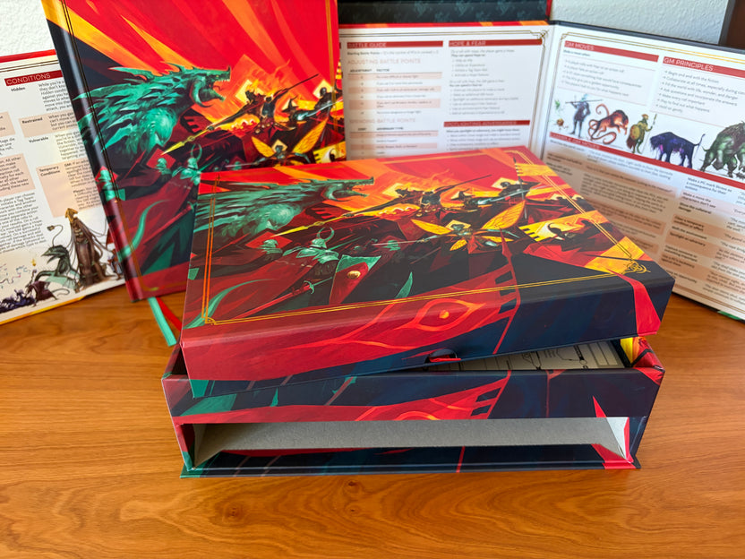 Multi-layer storage system inside the Daggerheart Hope & Fear Deluxe Edition collector's box.