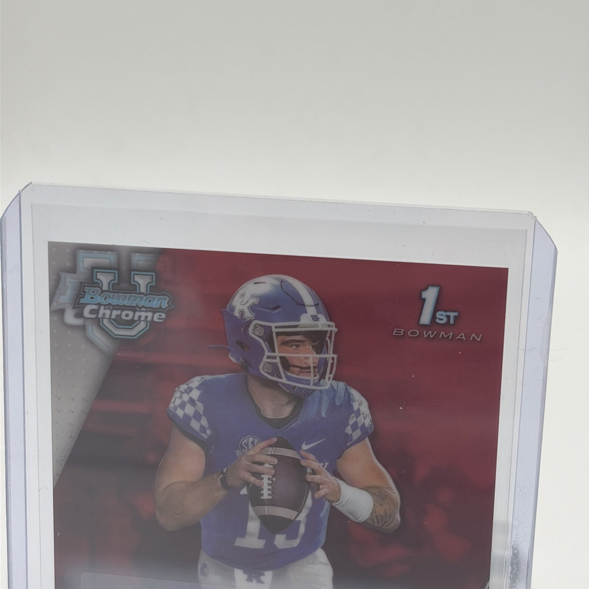 Detail view of Devin Leary 1st Bowman autograph on Red Refractor card