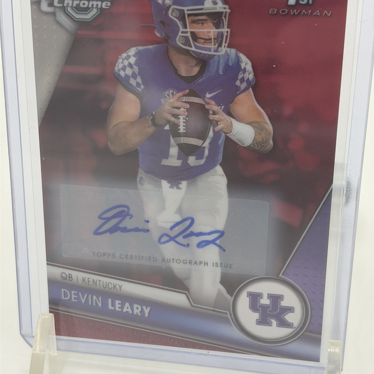 Angled front view of 2023 Bowman University Chrome Devin Leary Red Refractor autograph 1/5