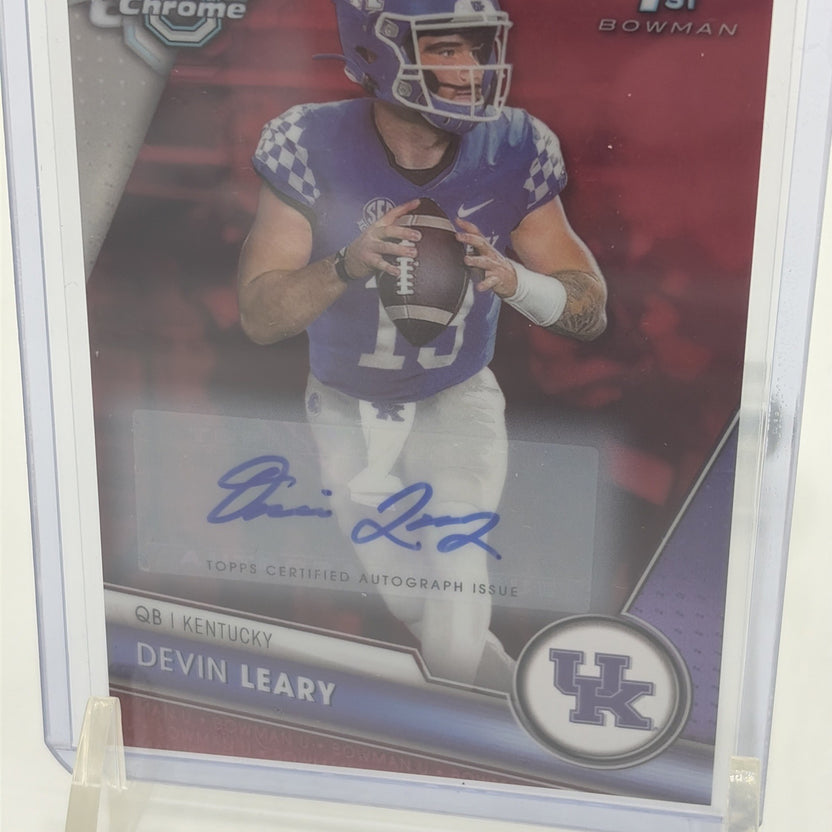 Angled front view of 2023 Bowman University Chrome Devin Leary Red Refractor autograph 1/5