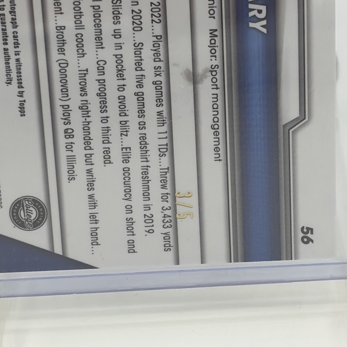 Close-up of Devin Leary Red Refractor autograph card back and 1/5 serial numbering