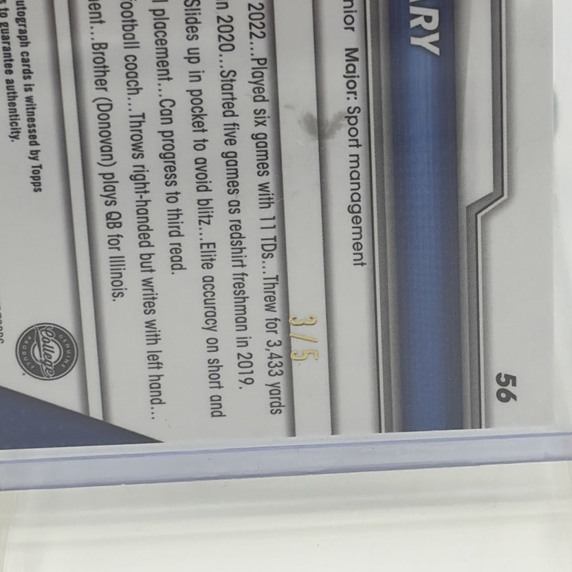 Close-up of Devin Leary Red Refractor autograph card back and 1/5 serial numbering