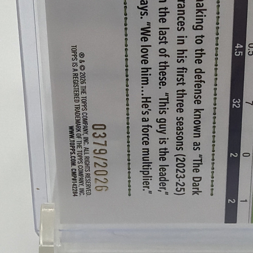 Back detail of 2026 Topps Devon Witherspoon #179 Gold parallel numbered 379/2026