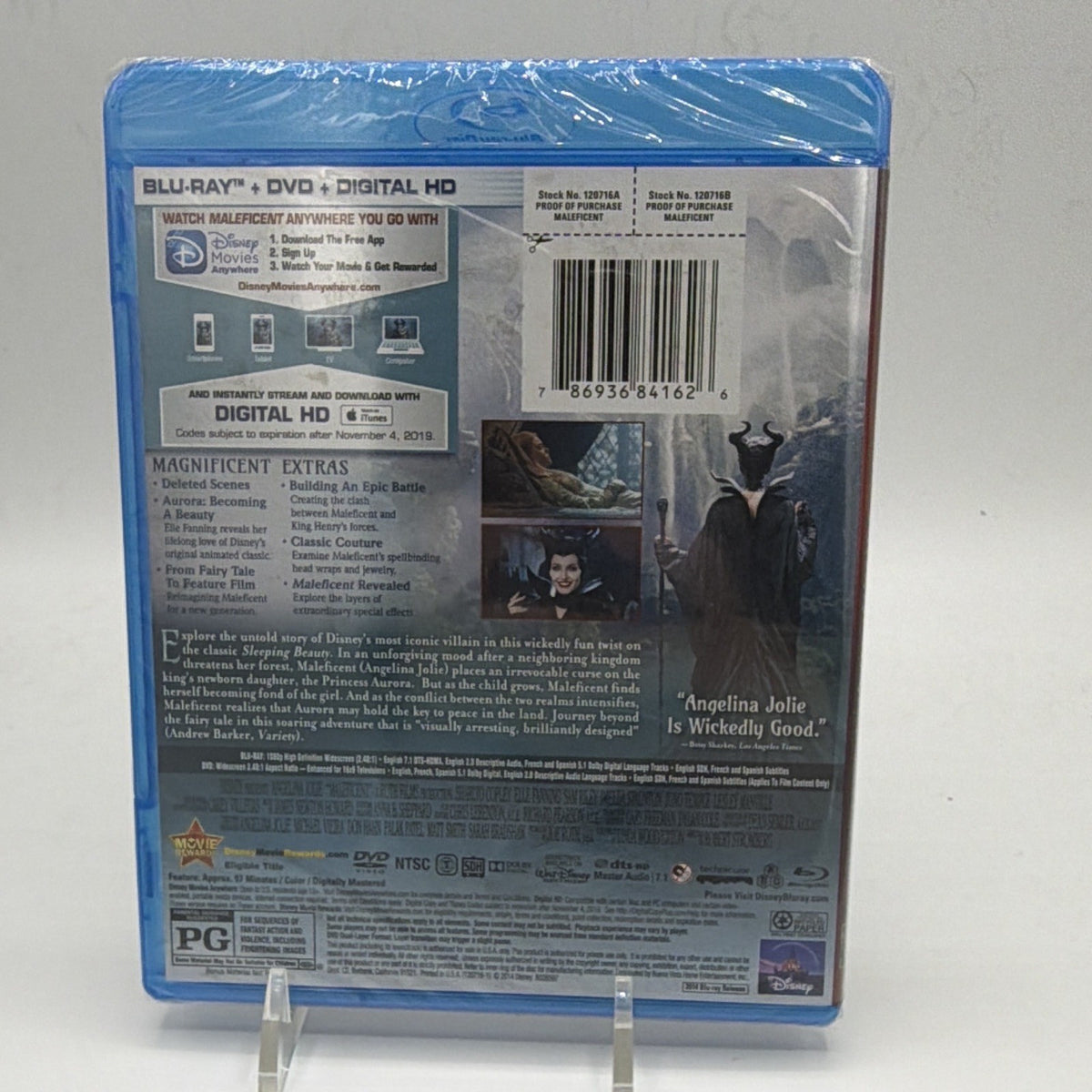 Back of new factory-sealed Disney Maleficent 2014 Blu-ray, DVD and Digital HD combo pack