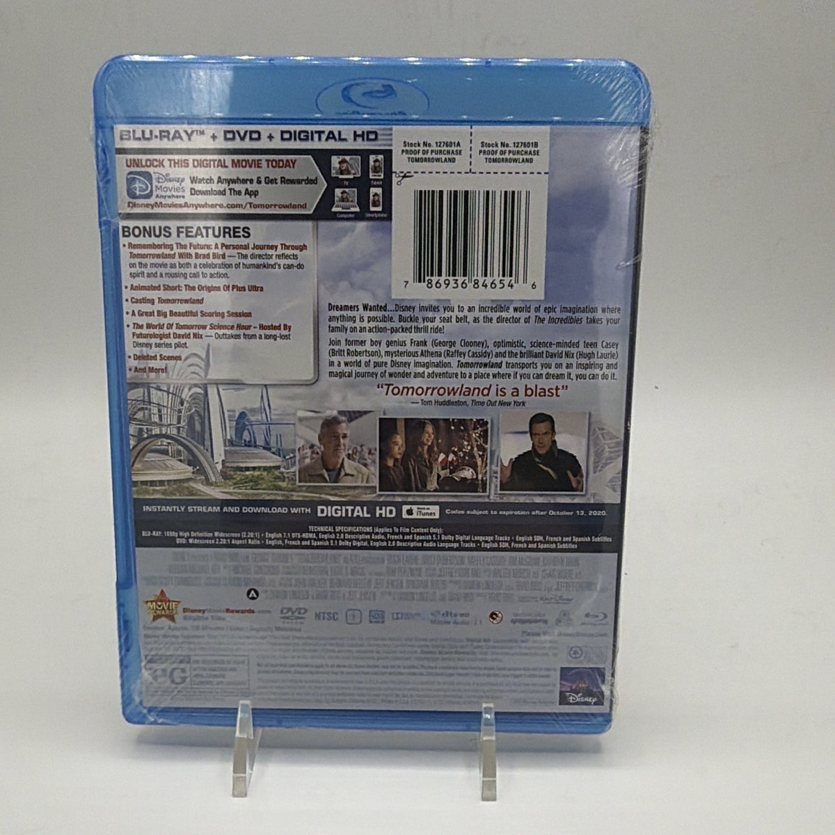 Back of Disney Tomorrowland 2015 Blu-ray and DVD combo pack with movie and format details