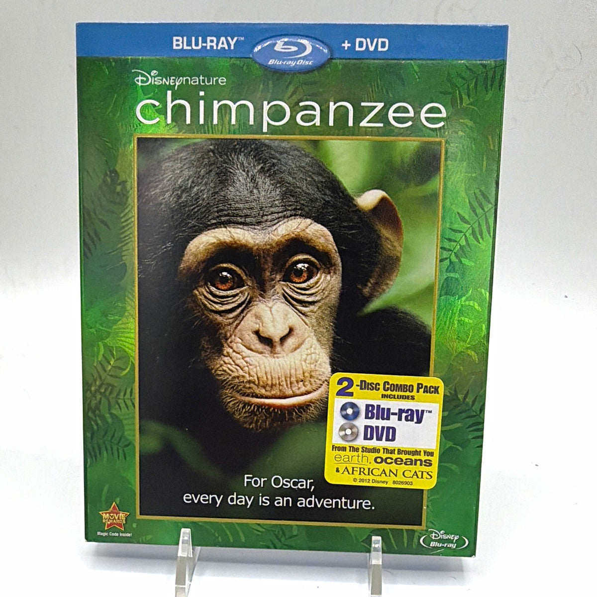 Front of pre-owned Disneynature Chimpanzee 2012 Blu-ray and DVD 2-disc combo pack