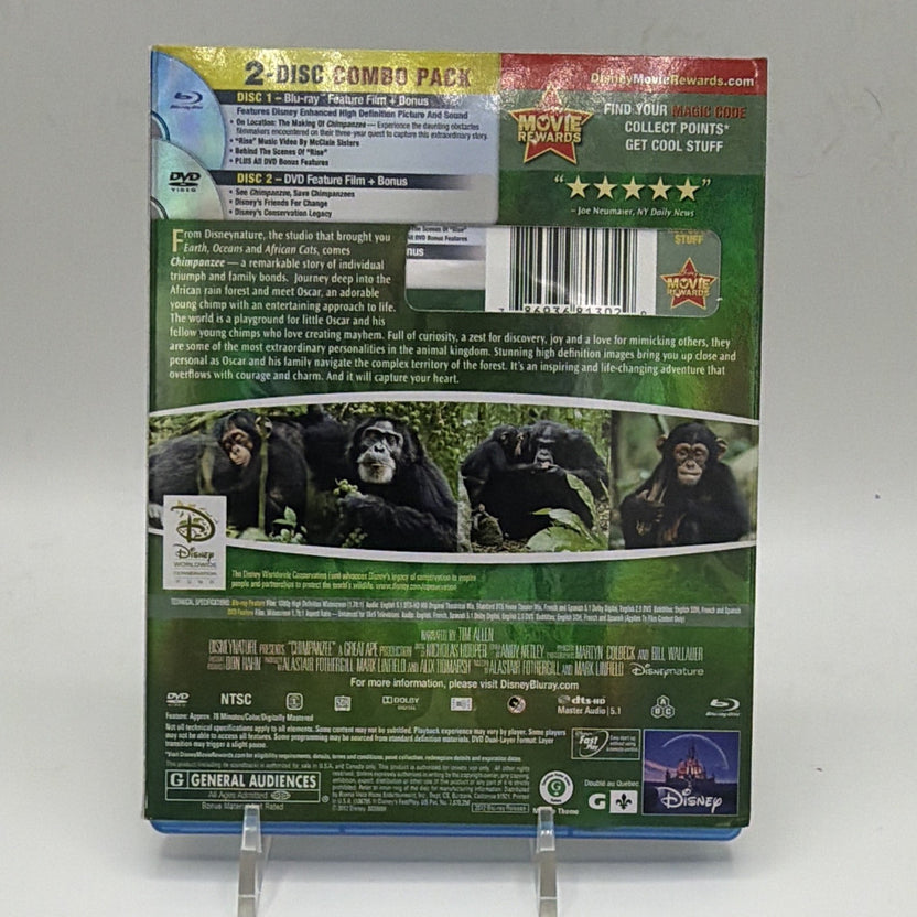 Back of pre-owned Disneynature Chimpanzee Blu-ray and DVD combo pack