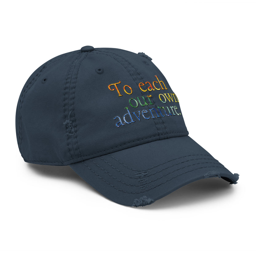 Pride hat, LGBTQIA+ pride cap, rainbow embroidered hat distressed pride baseball cap, unstructured cotton twill cap, Pride apparel accessory, inclusive fashion hat, LGBTQIA+ support merchandise, queer pride fashion, Outright International donation, ally pride gear, Pride month clothing, gender-neutral cap, low-profile dad hat, soft crown baseball cap, adjustable hook-and-loop hat, lived-in look cap, ethically made hat, made-to-order fashion, sustainable pride gear, slow fashion accessories