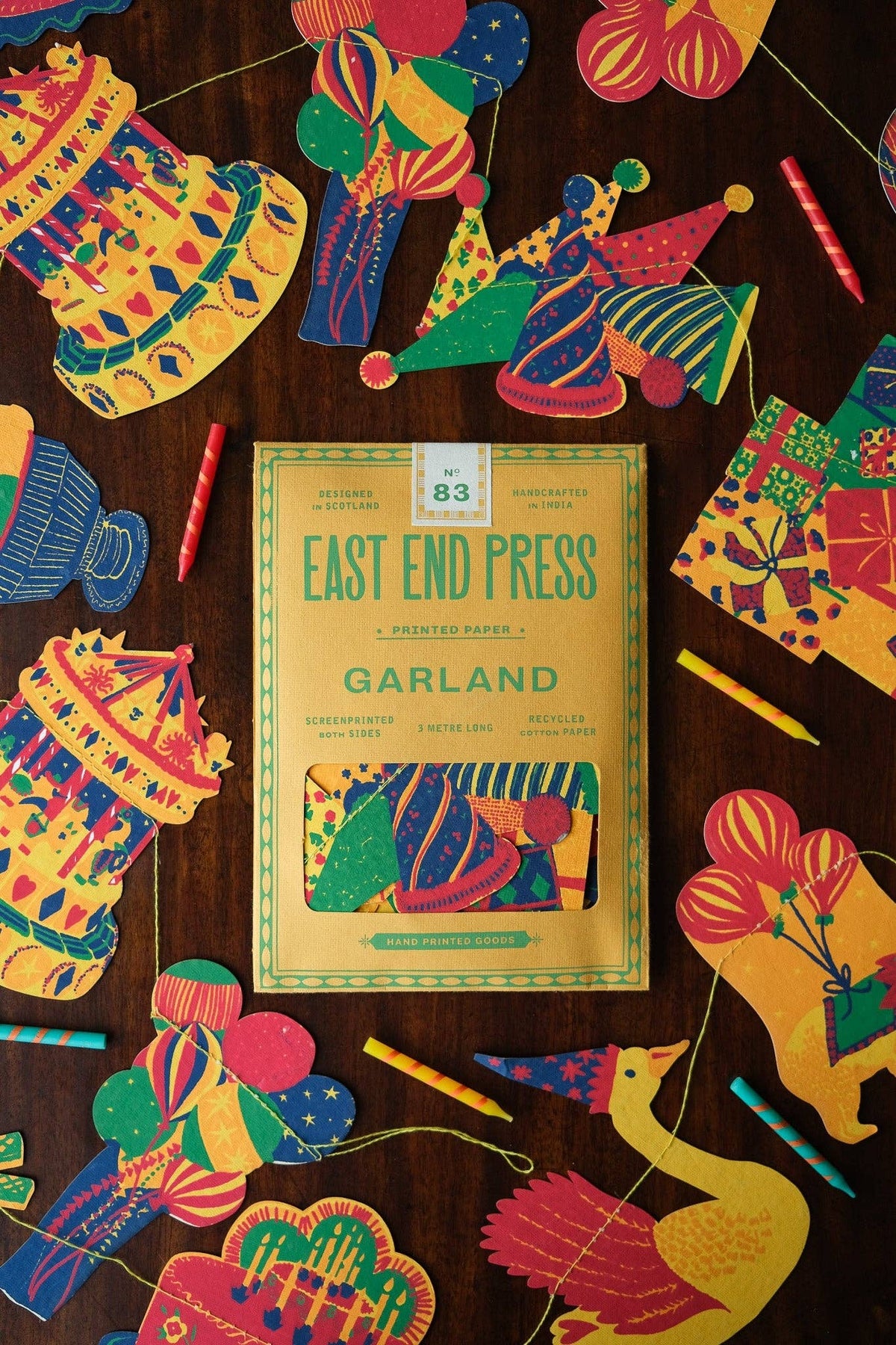 East End Press Birthday Party Sewn Garland in its colorful illustrated packaging
