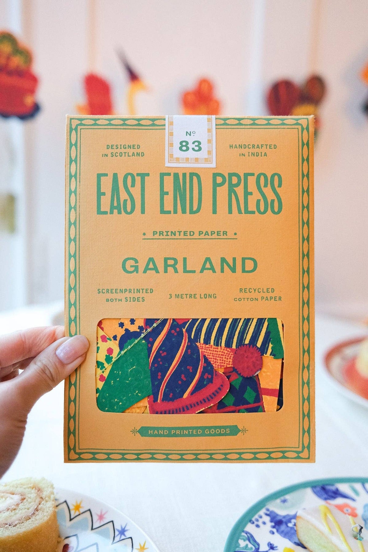 East End Press Birthday Party Sewn Garland in its colorful illustrated packaging