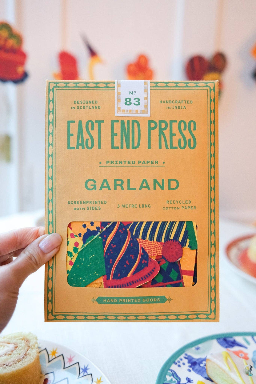 East End Press Birthday Party Sewn Garland in its colorful illustrated packaging