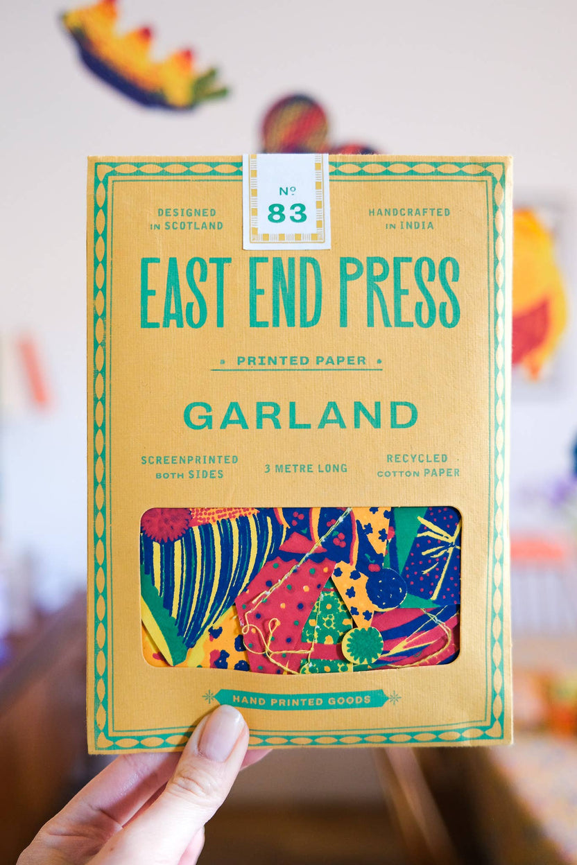 East End Press Birthday Party Sewn Garland in its colorful illustrated packaging