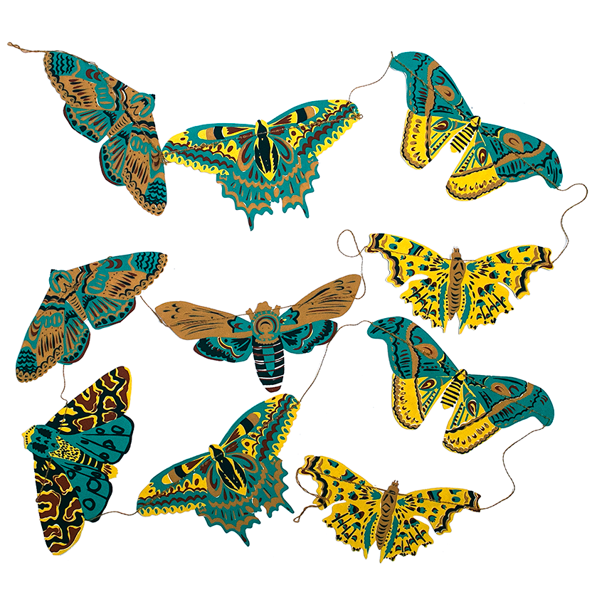 East End Press Moths Sewn Garland with colorful hand screen printed British moths