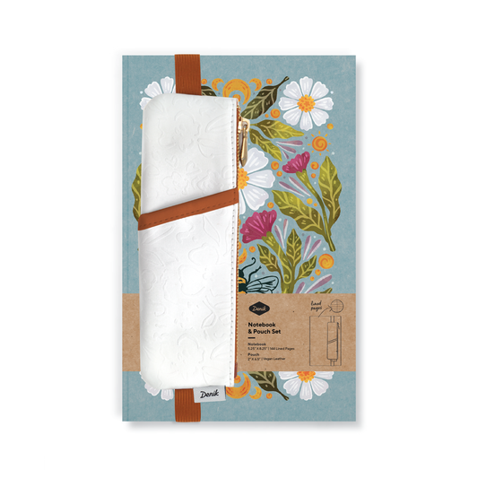 Denik notebook set, honeybee notebook pouch, layflat journal bundle, vegan leather stationery set, embroidered notebook pouch, zippered notebook accessory, lined notebook with pen holder, artist-designed journal set, giftable stationery set