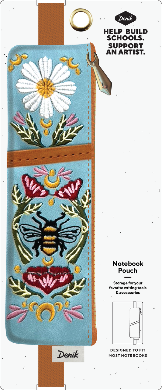 honeybee notebook pouch, vegan leather pen pouch, Denik honeybee design, soft faux suede pouch, embroidered pencil case, journal pen holder, elastic notebook strap, bee stationery accessory, artist-made pencil pouch