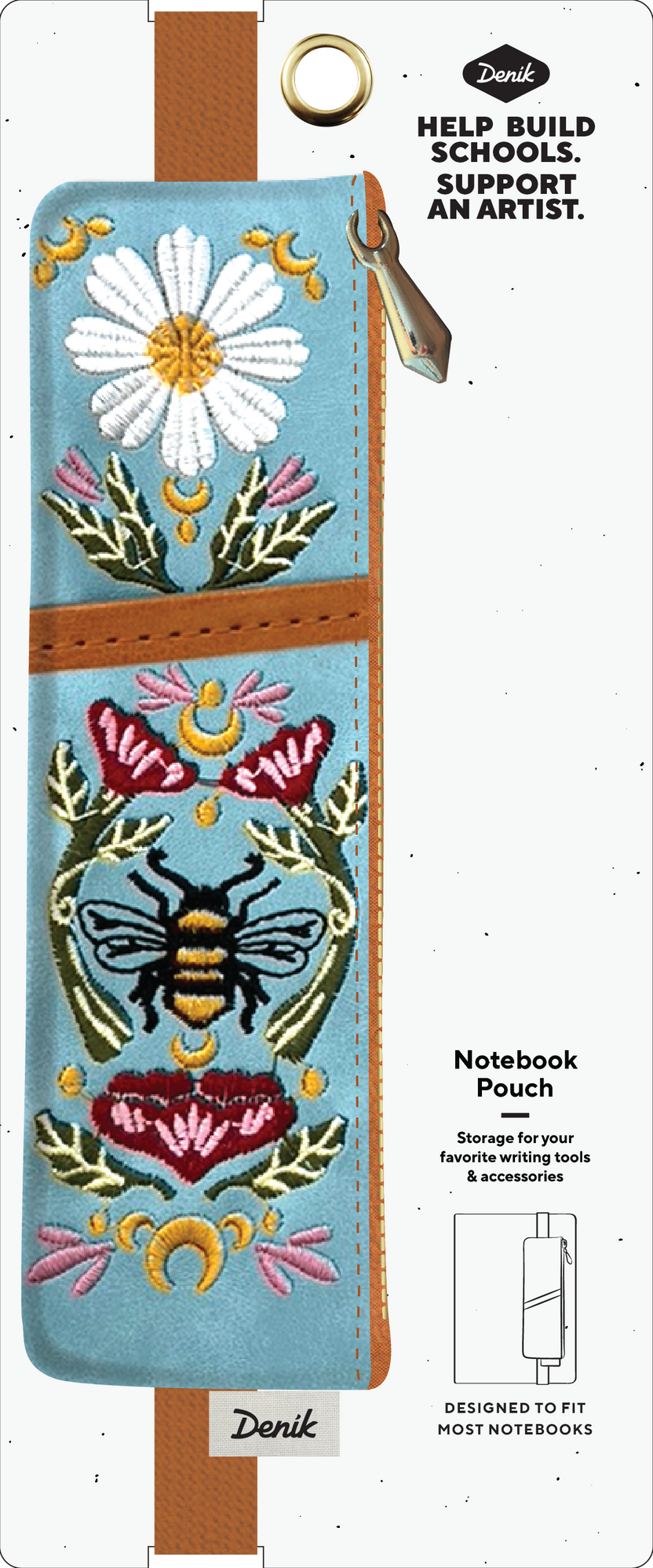 honeybee notebook pouch, vegan leather pen pouch, Denik honeybee design, soft faux suede pouch, embroidered pencil case, journal pen holder, elastic notebook strap, bee stationery accessory, artist-made pencil pouch