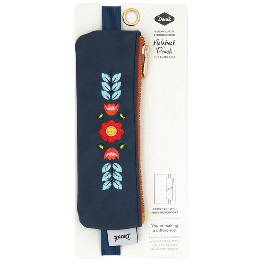 Denik notebook pouch, Evelynn pouch, embroidered notebook accessory, vegan leather pen holder, zippered pencil pouch, faux suede journal pouch, elastic pen case for notebooks, creative stationery pouch, portable pen holder
